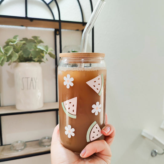 Watermelon Daisy Glass Cup, Fruit Trendy Glass Beer Can, Iced Coffee Glass, Summer Aesthetic Fruit Glass, Bamboo Lid and Straw, 16 and 20 oz