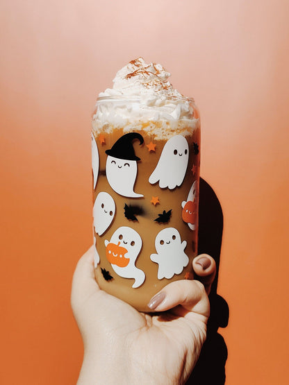Ghost Witch Hats, Cute Spooky Ghost Coffee Glass Can, Fall Pumpkin Can Shaped Glass, Halloween Fall Beer Cup with Bamboo Lid, Spooky Gift