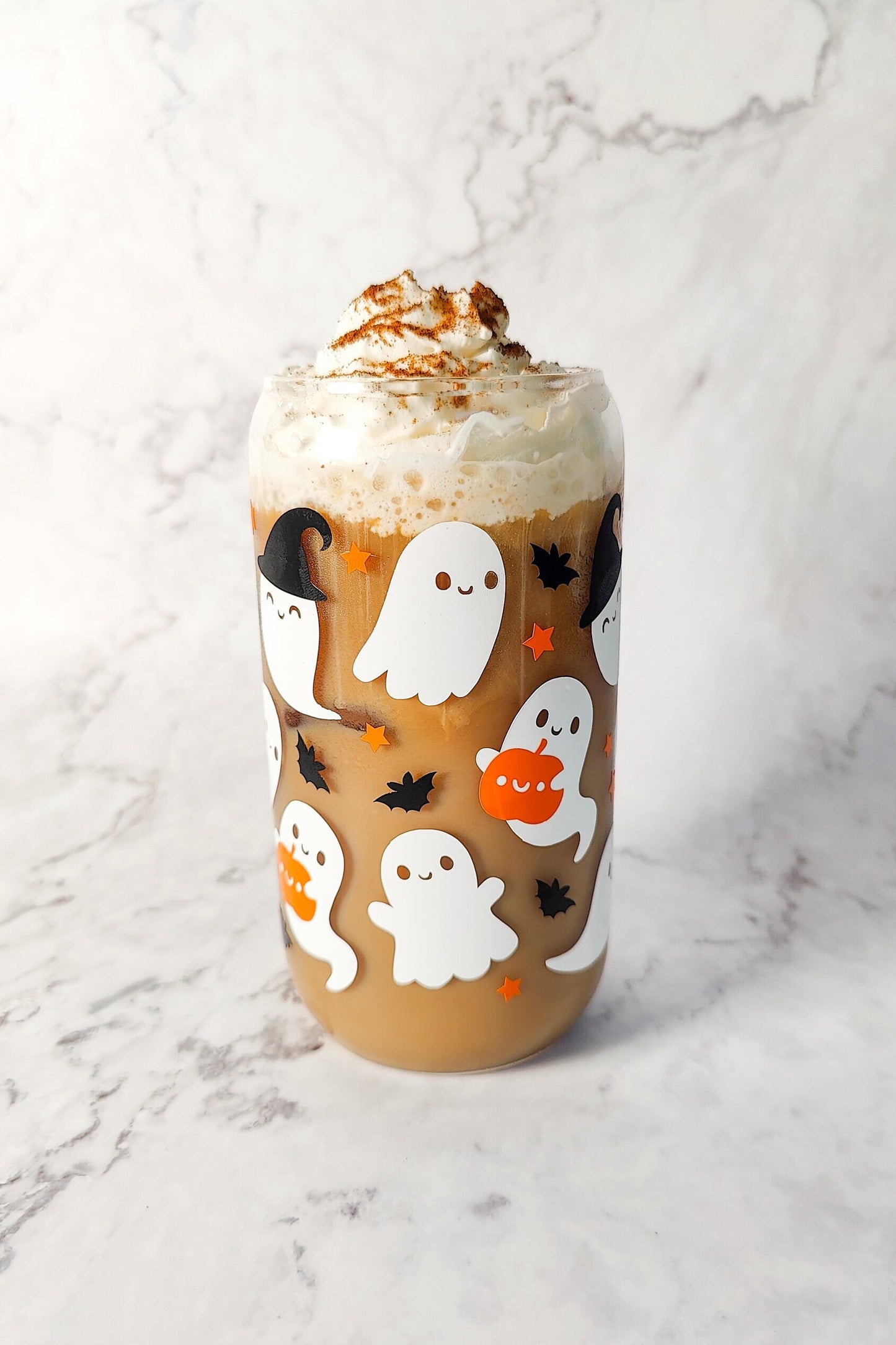 Ghost Witch Hats, Cute Spooky Ghost Coffee Glass Can, Fall Pumpkin Can Shaped Glass, Halloween Fall Beer Cup with Bamboo Lid, Spooky Gift