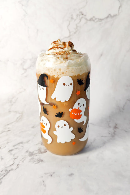 Ghost Witch Hats, Cute Spooky Ghost Coffee Glass Can, Fall Pumpkin Can Shaped Glass, Halloween Fall Beer Cup with Bamboo Lid, Spooky Gift