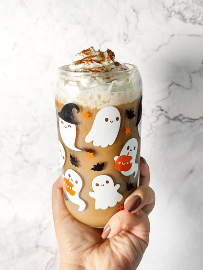 Ghost Witch Hats, Cute Spooky Ghost Coffee Glass Can, Fall Pumpkin Can Shaped Glass, Halloween Fall Beer Cup with Bamboo Lid, Spooky Gift
