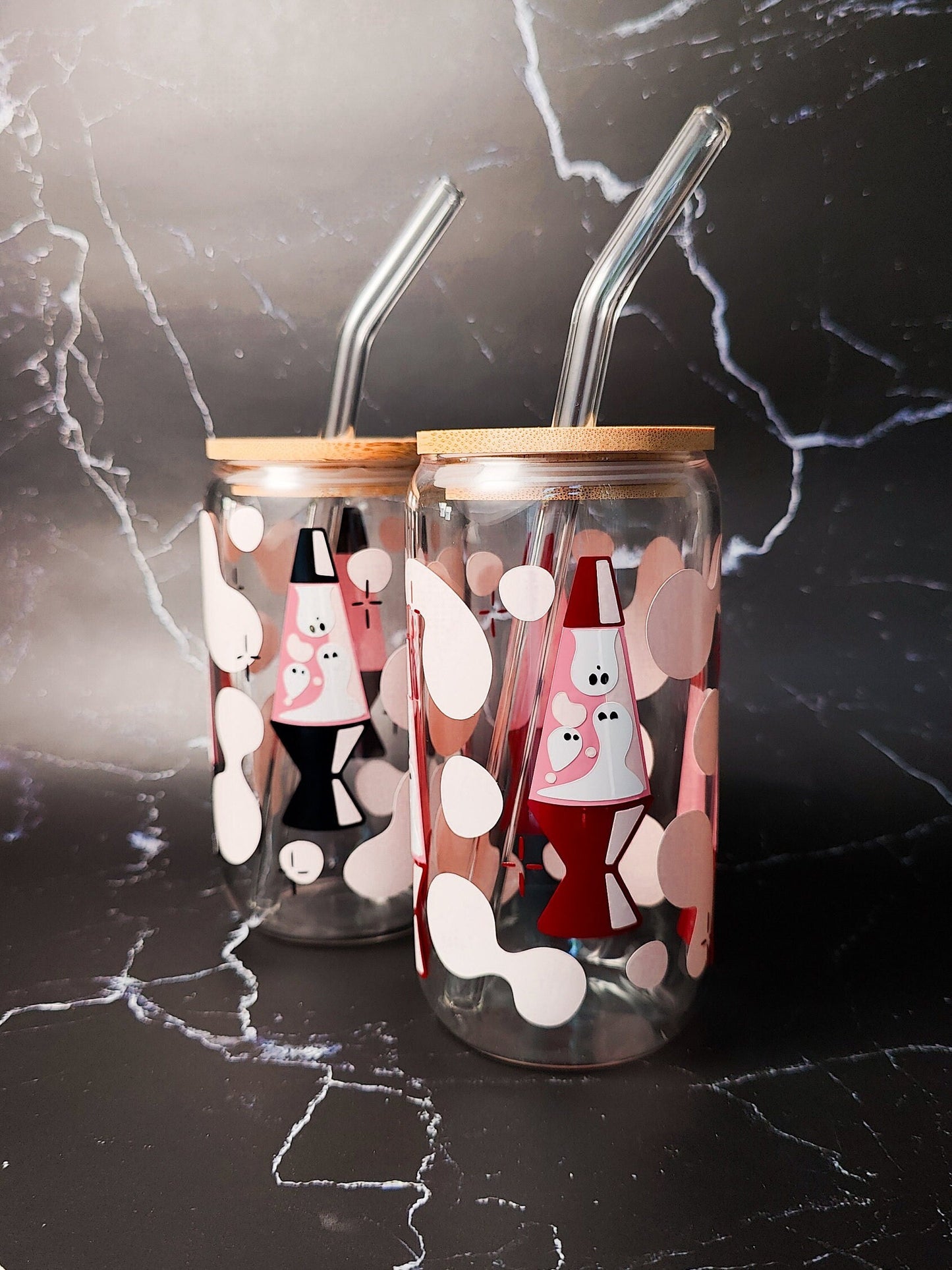 Ghosts Lava Lamp Beer Glass, Groovy Spooky Coffee Glass Cup, Pink Ghosts Libbey Can, Retro Halloween Iced Coffee Cup, Cute Halloween Gift