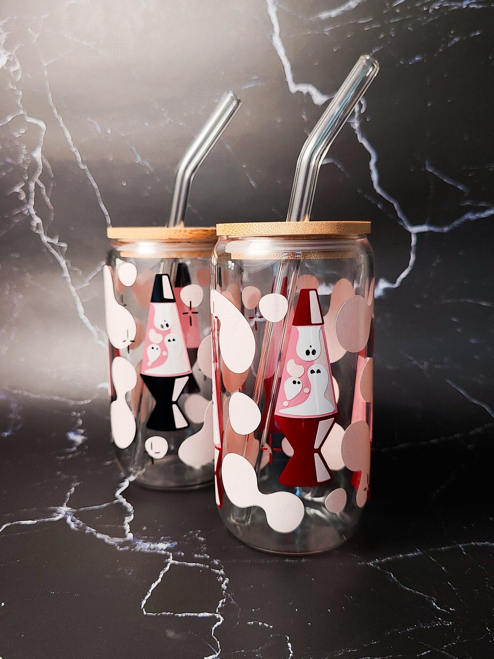 Ghosts Lava Lamp Beer Glass, Groovy Spooky Coffee Glass Cup, Pink Ghosts Libbey Can, Retro Halloween Iced Coffee Cup, Cute Halloween Gift