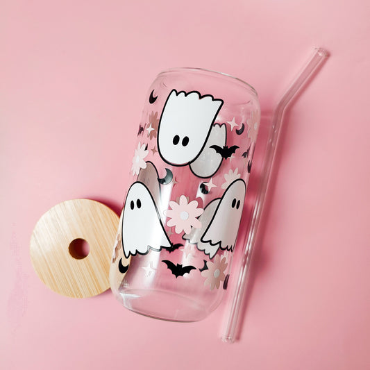 Flower Ghost Coffee Glass Cup, Fall Beer Glass Can, Cute Halloween Iced Coffee Cup, Pink Spooky Tumbler, Spooky Cup, Libbey Fall Spooky Gift