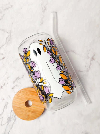 Fall Ghost Coffee Cup, Cute Spooky Glass Can, Autumn Leaves Libbey, Halloween Fall Beer Cup with Bamboo Lid, Fall Decor, Spooky Gift