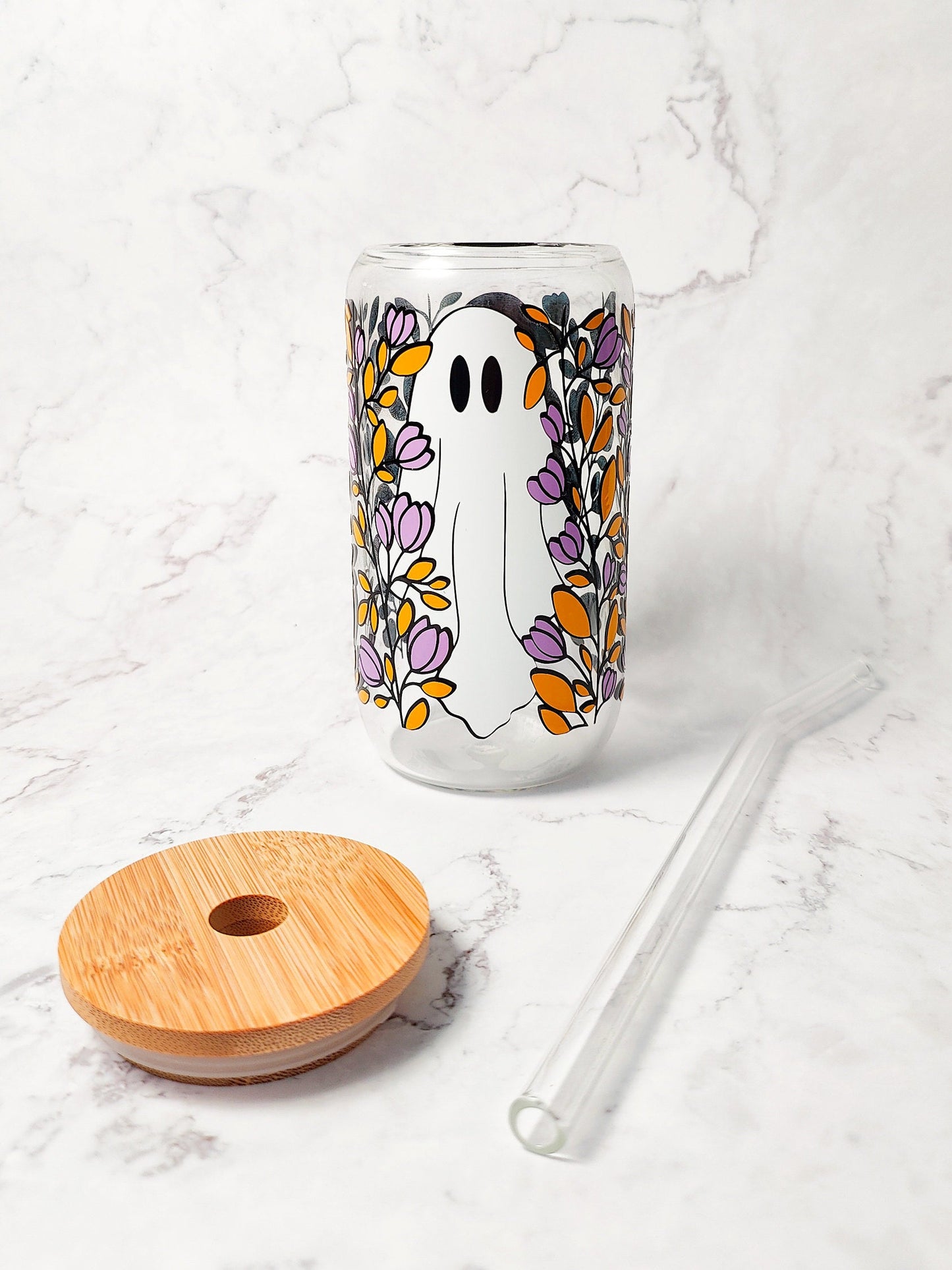 Fall Ghost Coffee Cup, Cute Spooky Glass Can, Autumn Leaves Libbey, Halloween Fall Beer Cup with Bamboo Lid, Fall Decor, Spooky Gift