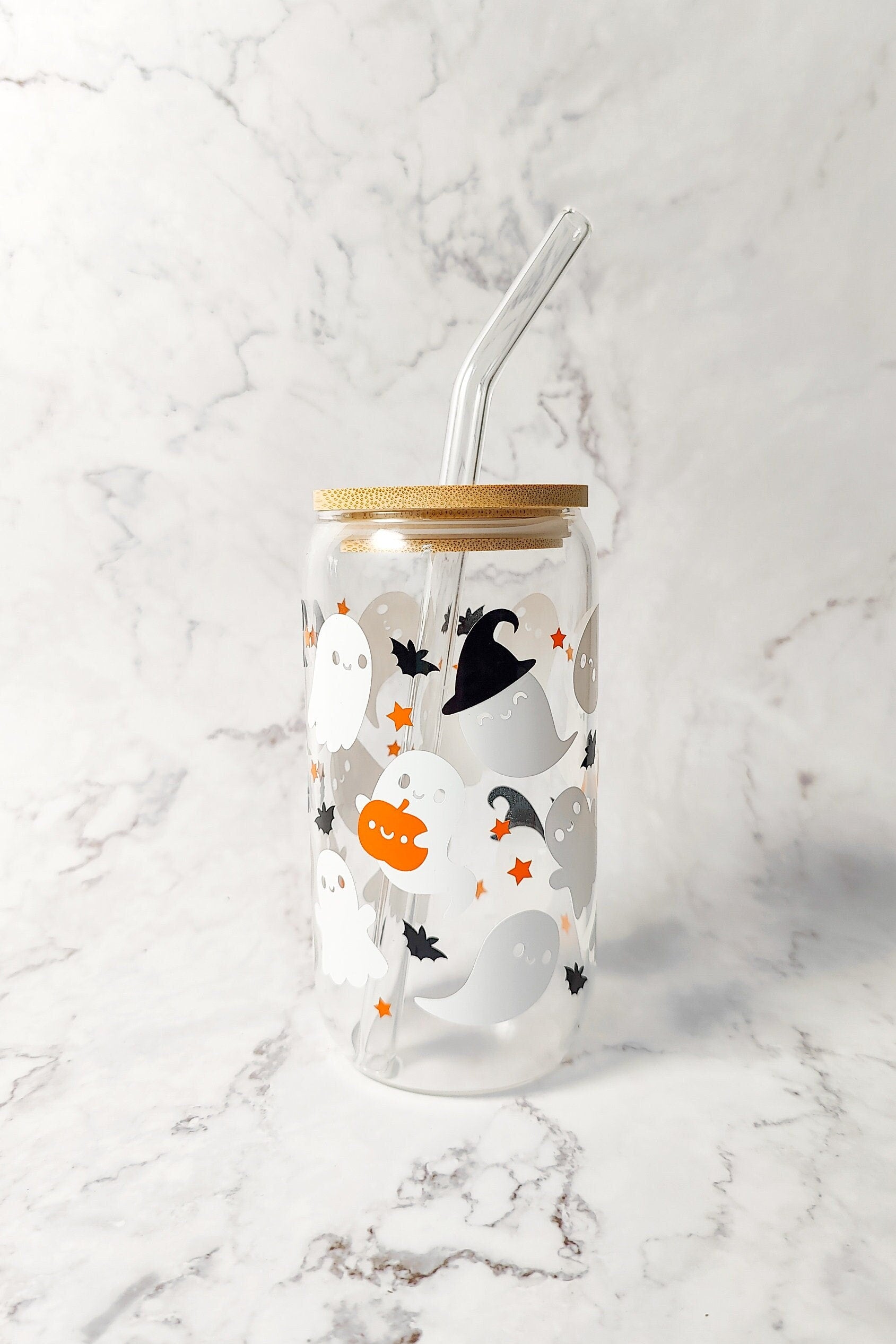 Ghost Witch Hats, Cute Spooky Ghost Coffee Glass Can, Fall Pumpkin Can Shaped Glass, Halloween Fall Beer Cup with Bamboo Lid, Spooky Gift