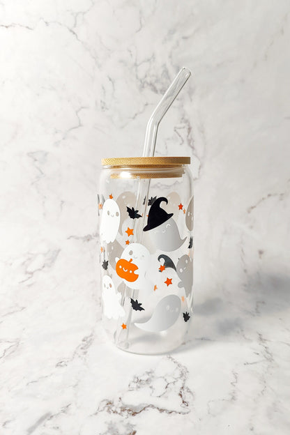 Ghost Witch Hats, Cute Spooky Ghost Coffee Glass Can, Fall Pumpkin Can Shaped Glass, Halloween Fall Beer Cup with Bamboo Lid, Spooky Gift