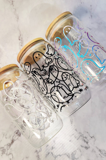 Cute Flying Ghost Glass Can, Glow In The Dark Glass Cup, Cute Spooky Gift, Iced Coffee Cup, Halloween Glass Tumbler, Ghost Glass Beer Can