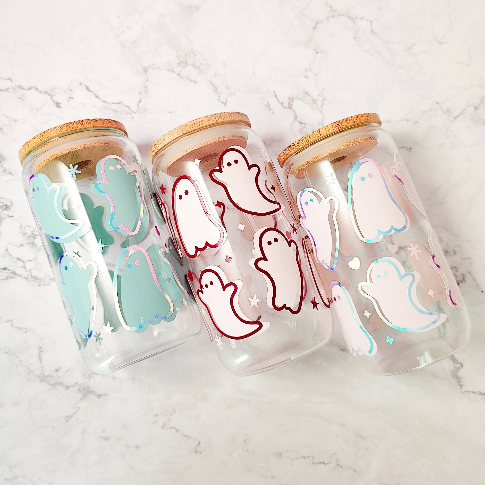 Cute Pink and Blue Ghost Cup, Glow In The Dark Spooky Cup, Halloween Iced Coffee Beer Can, Halloween Glass Tumbler, Cute Gift for Halloween