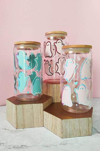 Cute Pink and Blue Ghost Cup, Glow In The Dark Spooky Cup, Halloween Iced Coffee Beer Can, Halloween Glass Tumbler, Cute Gift for Halloween