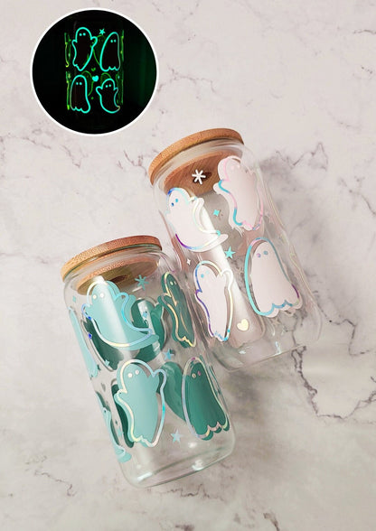 Cute Pink and Blue Ghost Cup, Glow In The Dark Spooky Cup, Halloween Iced Coffee Beer Can, Halloween Glass Tumbler, Cute Gift for Halloween