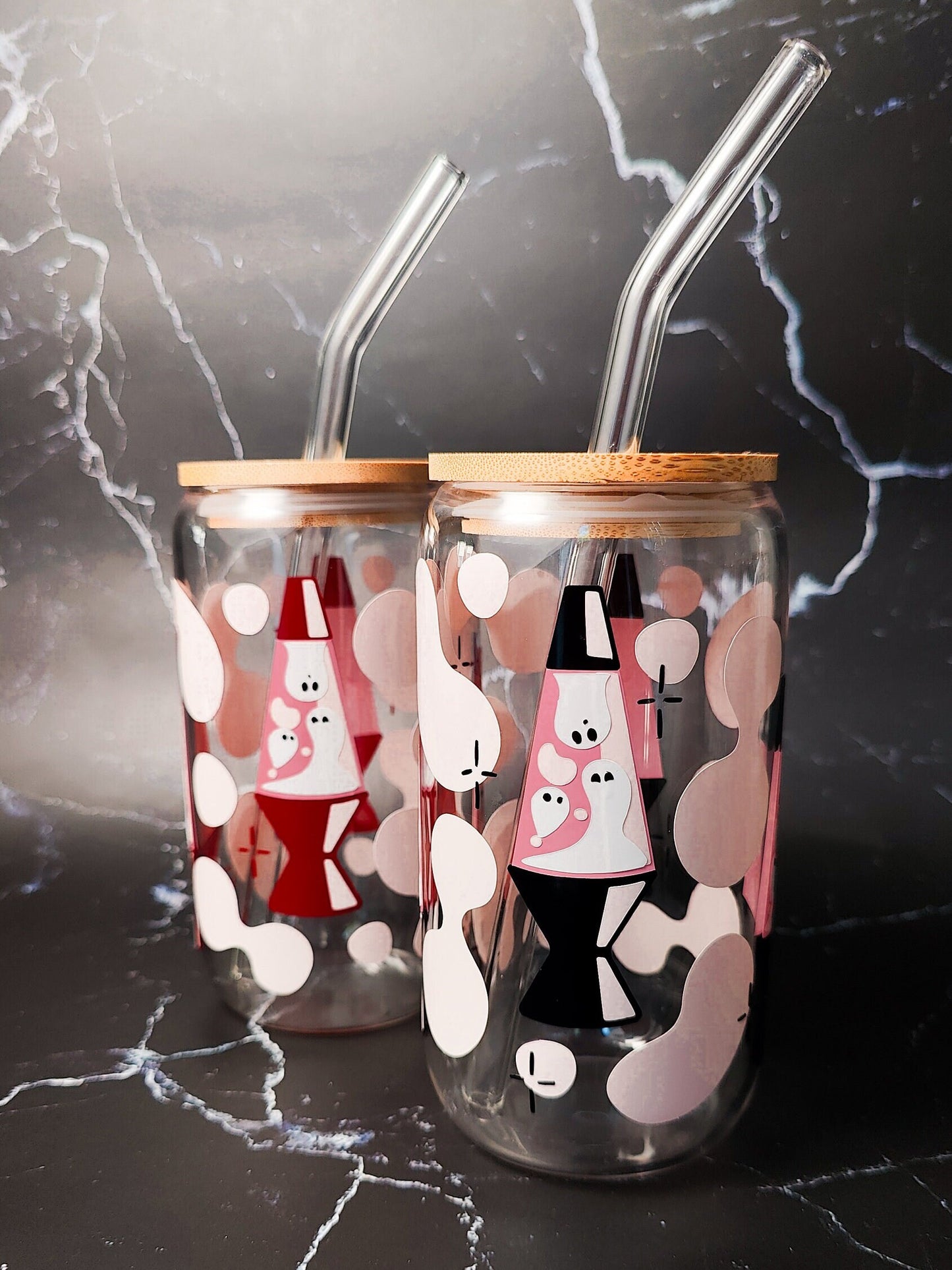 Ghosts Lava Lamp Beer Glass, Groovy Spooky Coffee Glass Cup, Pink Ghosts Libbey Can, Retro Halloween Iced Coffee Cup, Cute Halloween Gift
