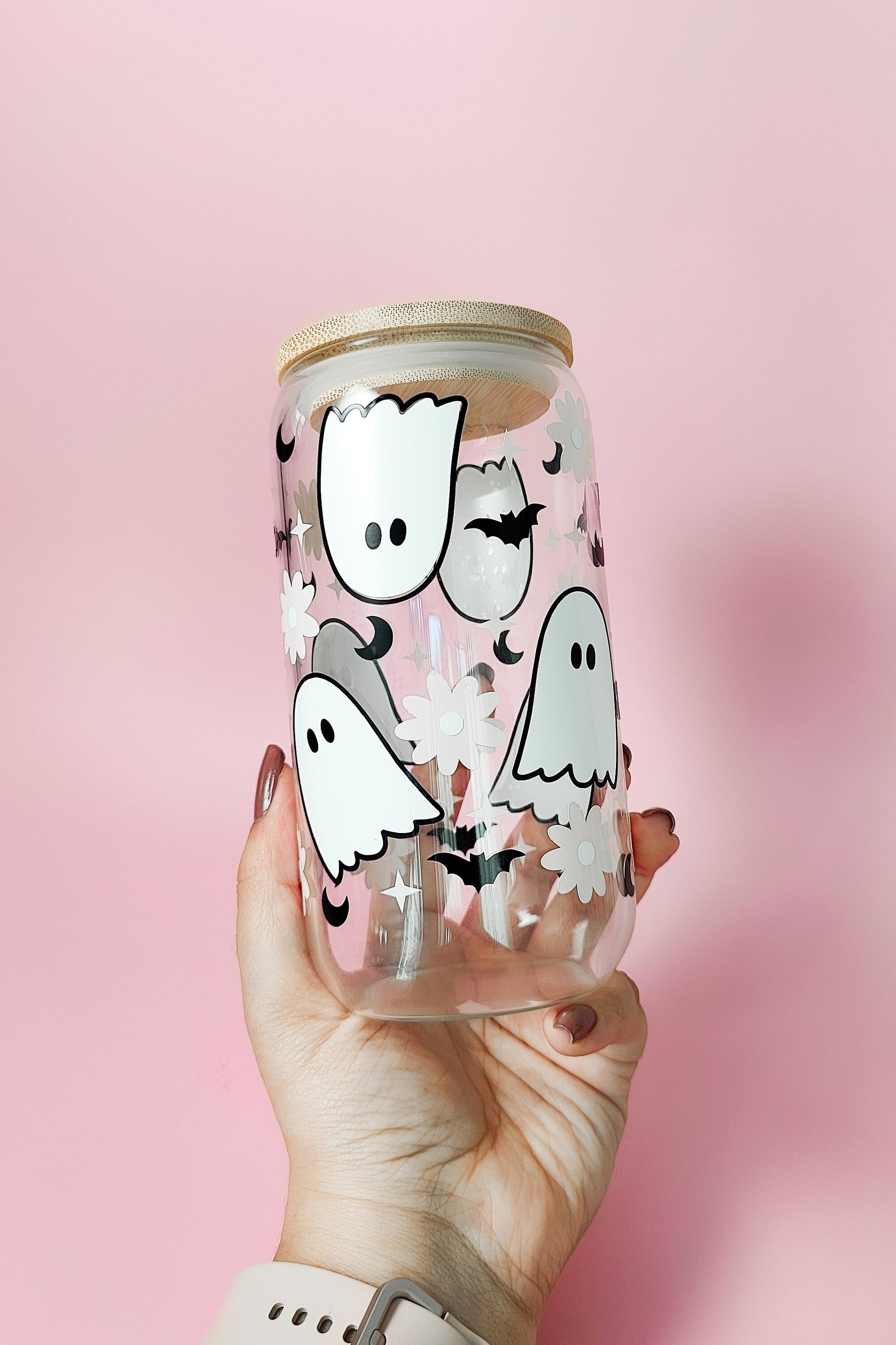 Flower Ghost Coffee Glass Cup, Fall Beer Glass Can, Cute Halloween Iced Coffee Cup, Pink Spooky Tumbler, Spooky Cup, Libbey Fall Spooky Gift