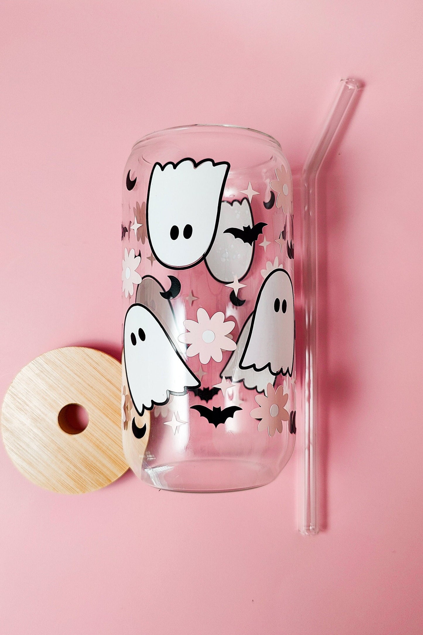 Flower Ghost Coffee Glass Cup, Fall Beer Glass Can, Cute Halloween Iced Coffee Cup, Pink Spooky Tumbler, Spooky Cup, Libbey Fall Spooky Gift