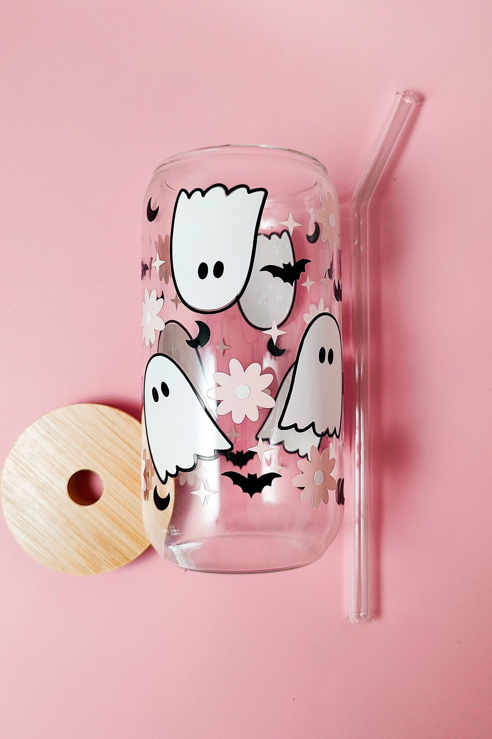 Flower Ghost Coffee Glass Cup, Fall Beer Glass Can, Cute Halloween Iced Coffee Cup, Pink Spooky Tumbler, Spooky Cup, Libbey Fall Spooky Gift
