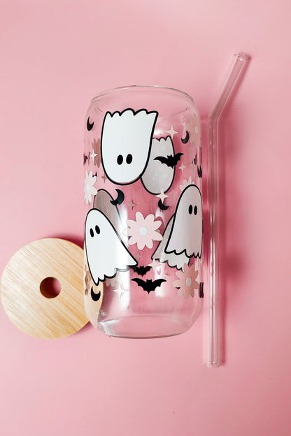 Flower Ghost Coffee Glass Cup, Fall Beer Glass Can, Cute Halloween Iced Coffee Cup, Pink Spooky Tumbler, Spooky Cup, Libbey Fall Spooky Gift