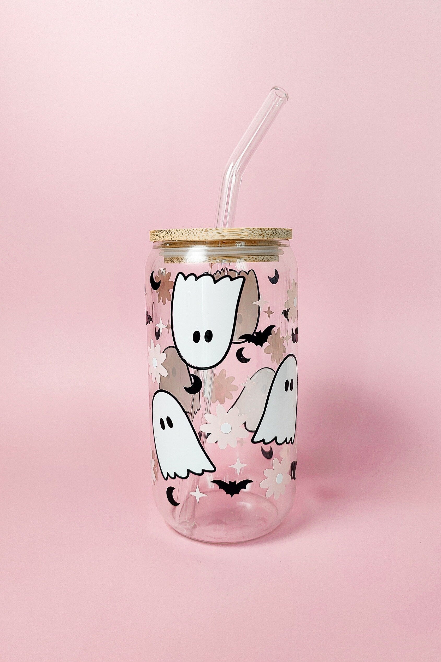 Flower Ghost Coffee Glass Cup, Fall Beer Glass Can, Cute Halloween Iced Coffee Cup, Pink Spooky Tumbler, Spooky Cup, Libbey Fall Spooky Gift