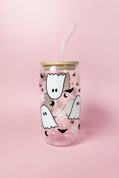 Flower Ghost Coffee Glass Cup, Fall Beer Glass Can, Cute Halloween Iced Coffee Cup, Pink Spooky Tumbler, Spooky Cup, Libbey Fall Spooky Gift