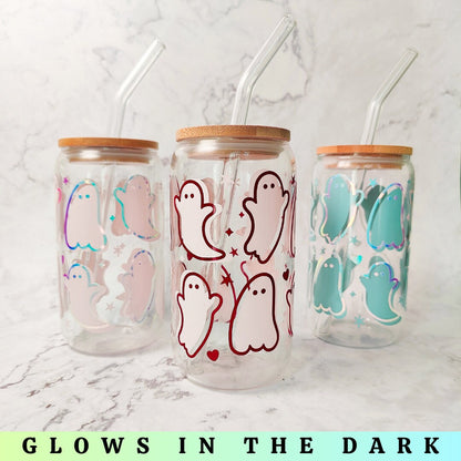 Cute Pink and Blue Ghost Cup, Glow In The Dark Spooky Cup, Halloween Iced Coffee Beer Can, Halloween Glass Tumbler, Cute Gift for Halloween