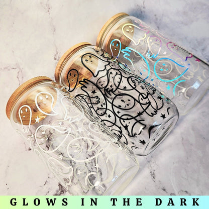 Cute Flying Ghost Glass Can, Glow In The Dark Glass Cup, Cute Spooky Gift, Iced Coffee Cup, Halloween Glass Tumbler, Ghost Glass Beer Can