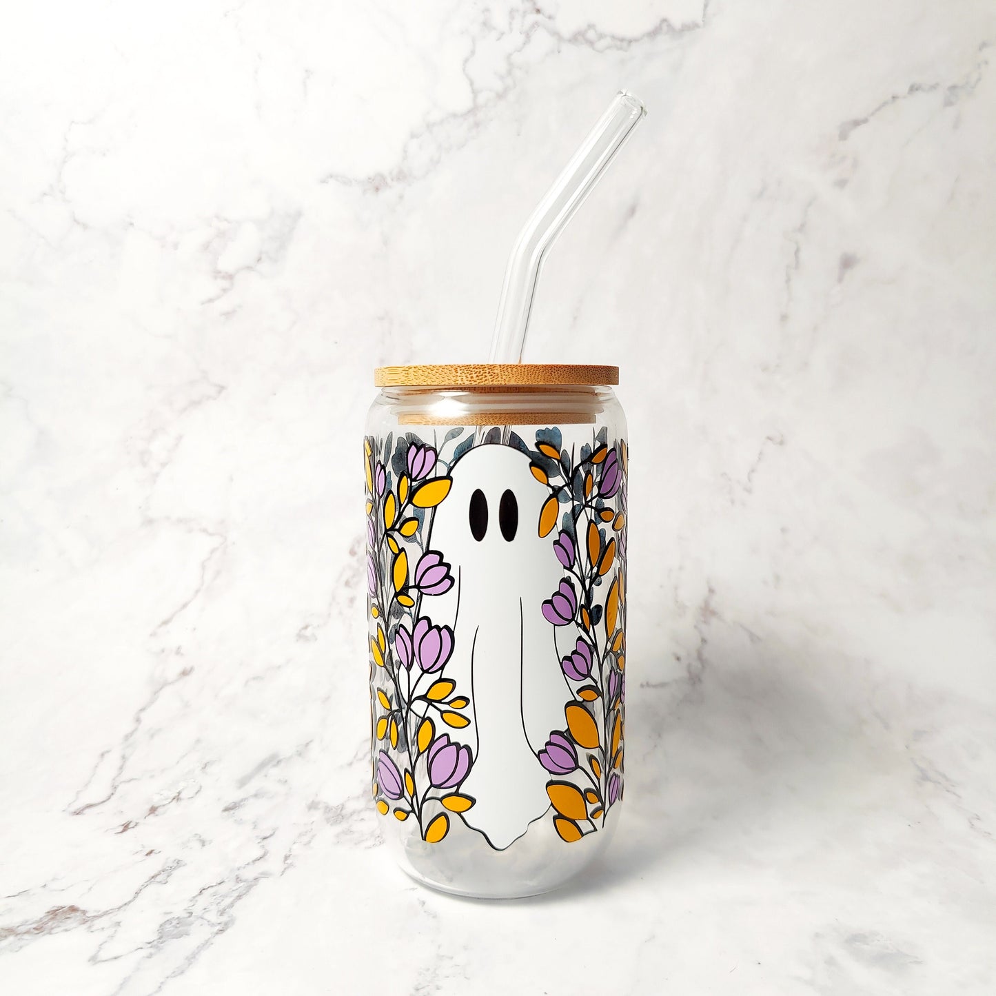 Fall Ghost Coffee Cup, Cute Spooky Glass Can, Autumn Leaves Libbey, Halloween Fall Beer Cup with Bamboo Lid, Fall Decor, Spooky Gift