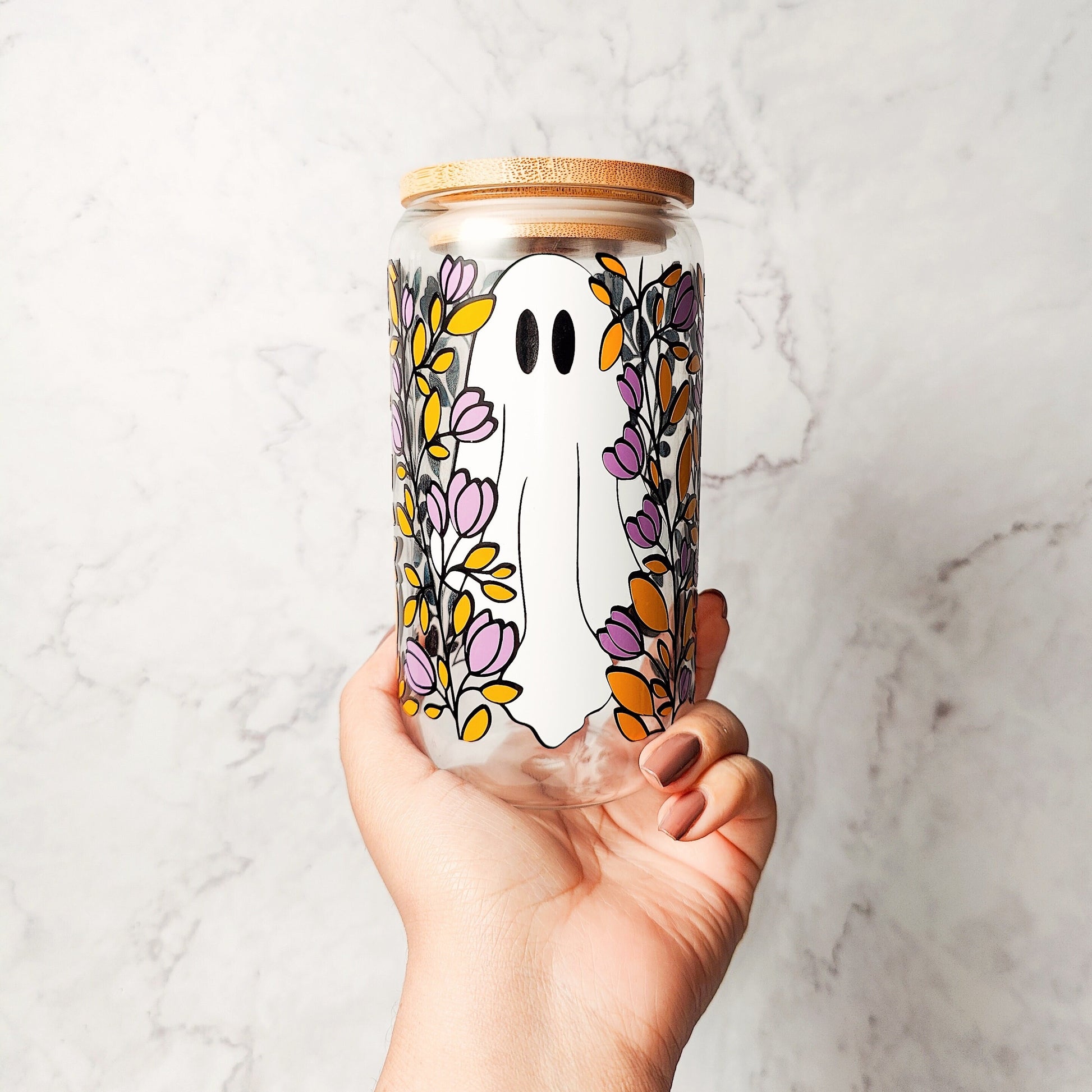 Fall Ghost Coffee Cup, Cute Spooky Glass Can, Autumn Leaves Libbey, Halloween Fall Beer Cup with Bamboo Lid, Fall Decor, Spooky Gift