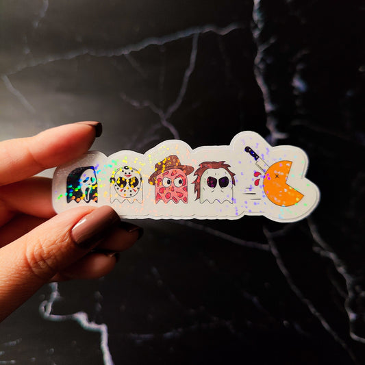 Pacman Halloween Character Holographic Sticker, Halloween Horror Friends, Easy Peel, Water Resistant, Gift for Horror Lovers, Spooky Gift