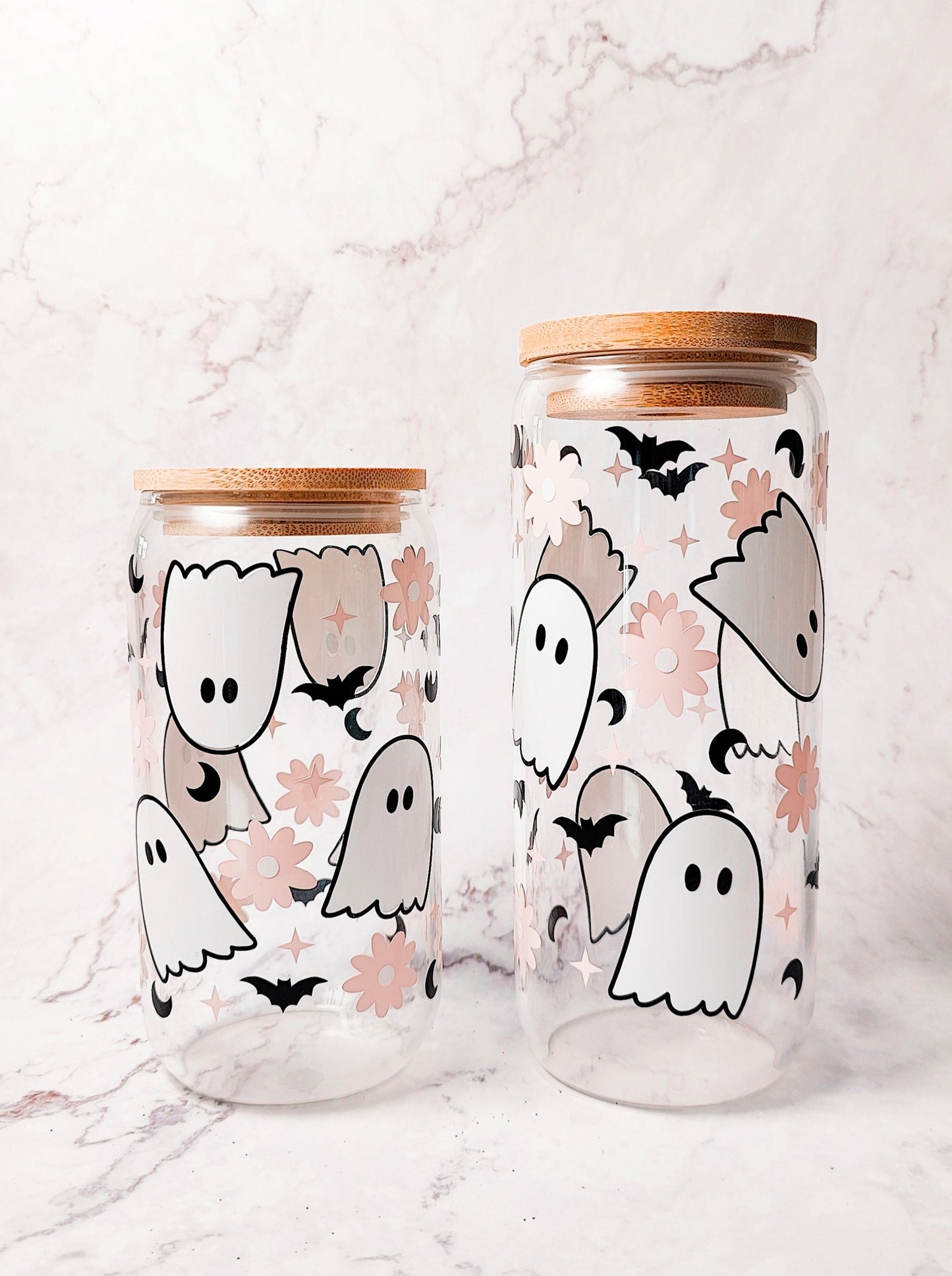 Flower Ghost Coffee Glass Cup, Fall Beer Glass Can, Cute Halloween Iced Coffee Cup, Pink Spooky Tumbler, Spooky Cup, Libbey Fall Spooky Gift