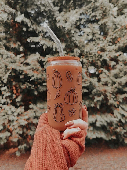 Fall Pumpkin Outline Glass Cup, Autumn Pumpkin Libbey Beer Glass, Cute Fall Coffee Cup, Autumn Iced Coffee Can, Fall Season Gift