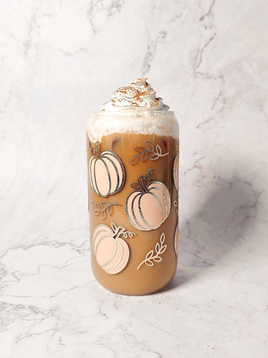 Fall Shimmery Pumpkin Coffee Glass Cup, Autumn Pumpkin Libbey Beer Glass, Cute Fall Cup, Autumn Iced Coffee Can, Gift for Fall Season Lovers