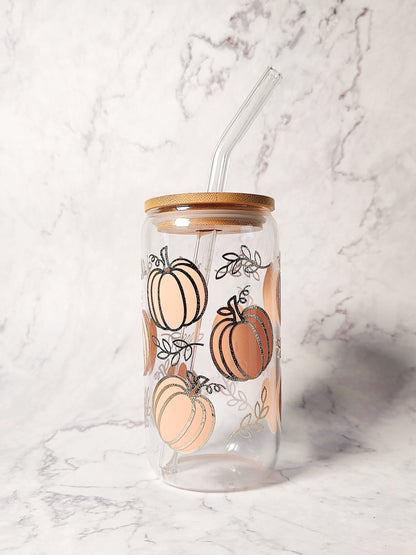 Fall Shimmery Pumpkin Coffee Glass Cup, Autumn Pumpkin Libbey Beer Glass, Cute Fall Cup, Autumn Iced Coffee Can, Gift for Fall Season Lovers