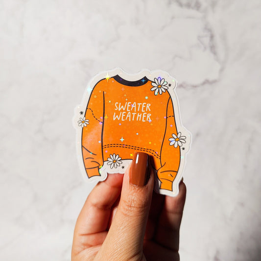 Sweater Weather Holographic Sticker, Iced Coffee Sticker, Easy Peel, Water Resistant, Cute Cozy Sweater, Autumn Season Gift