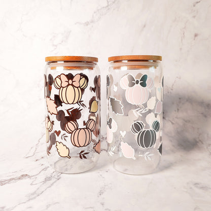 Pumpkin Mouse Ears Glass Cup, Autumn Pumpkin Ears Beer Glass, Cute Fall Cup, Autumn Iced Coffee Can, Gift for Fall Season Lovers