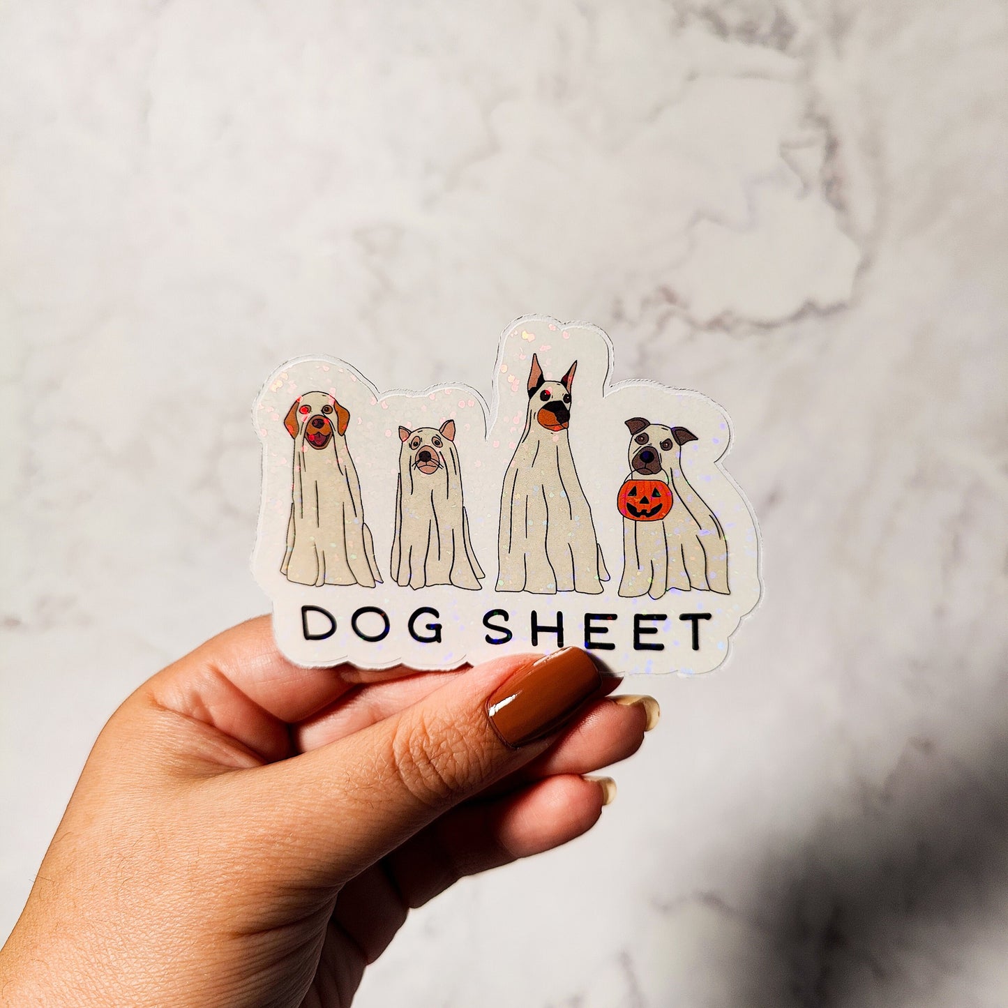 Ghost Dog Holographic Sticker, Iced Coffee Sticker, Easy Peel, Water Resistant, Halloween Dogs, Gift for Dog Moms, Spooky Dog Gift