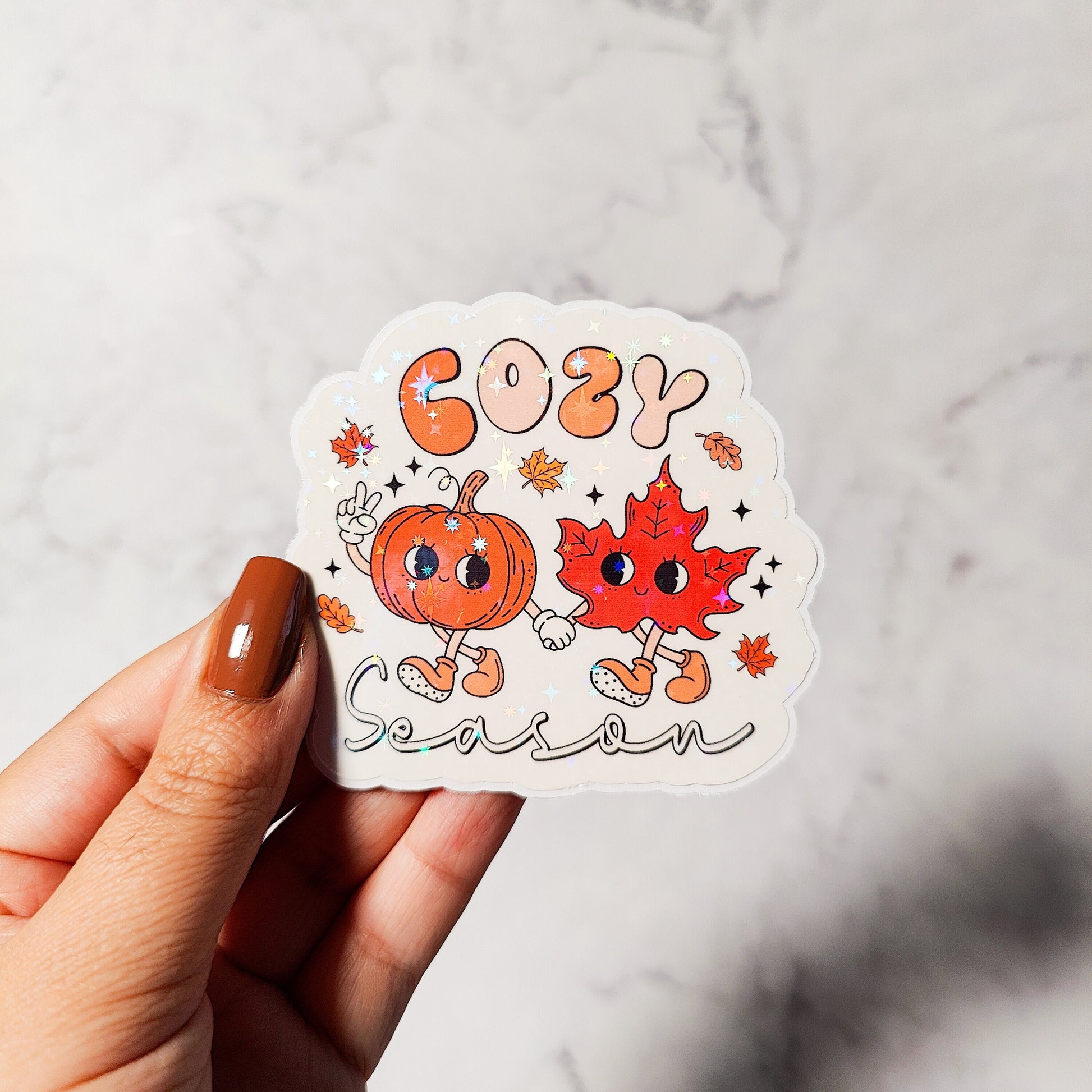 Cozy Season Holographic Sticker, Iced Coffee Sticker, Easy Peel, Water Resistant, Cute Pumpkin and Leaf, Autumn Season Gift