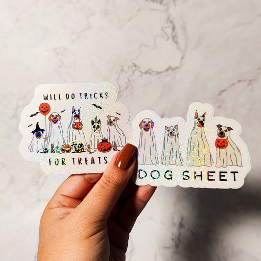 Ghost Dog Holographic Sticker, Iced Coffee Sticker, Easy Peel, Water Resistant, Halloween Dogs, Gift for Dog Moms, Spooky Dog Gift