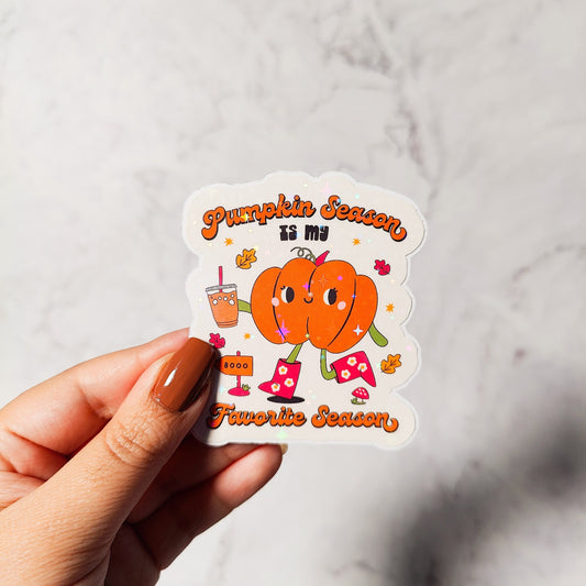 Pumpkin Season Holographic Sticker, Iced Coffee Sticker, Easy Peel, Water Resistant, Cute Fall Pumpkin, Autumn Season Gift