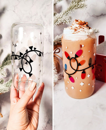 Christmas Lights Glass Cup, Festive Color Changing Glass Cup with Bamboo Lid, Christmas Iced Coffee Gift, 16oz and 20oz Holiday Libbey