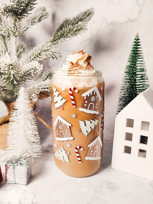 Gingerbread House Iced Coffee Glass Cup, Festive Christmas Glass Cup with Bamboo Lid, Christmas Gift, 16oz and 20oz Holiday Libbey
