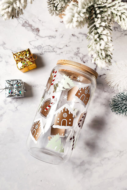 Gingerbread House Iced Coffee Glass Cup, Festive Christmas Glass Cup with Bamboo Lid, Christmas Gift, 16oz and 20oz Holiday Libbey