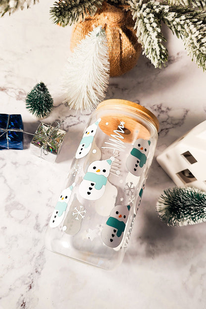 Snowman Iced Coffee Glass Cup, Festive Christmas Glass Cup with Bamboo Lid, Christmas Gift, 16oz and 20oz Holiday Beer Can