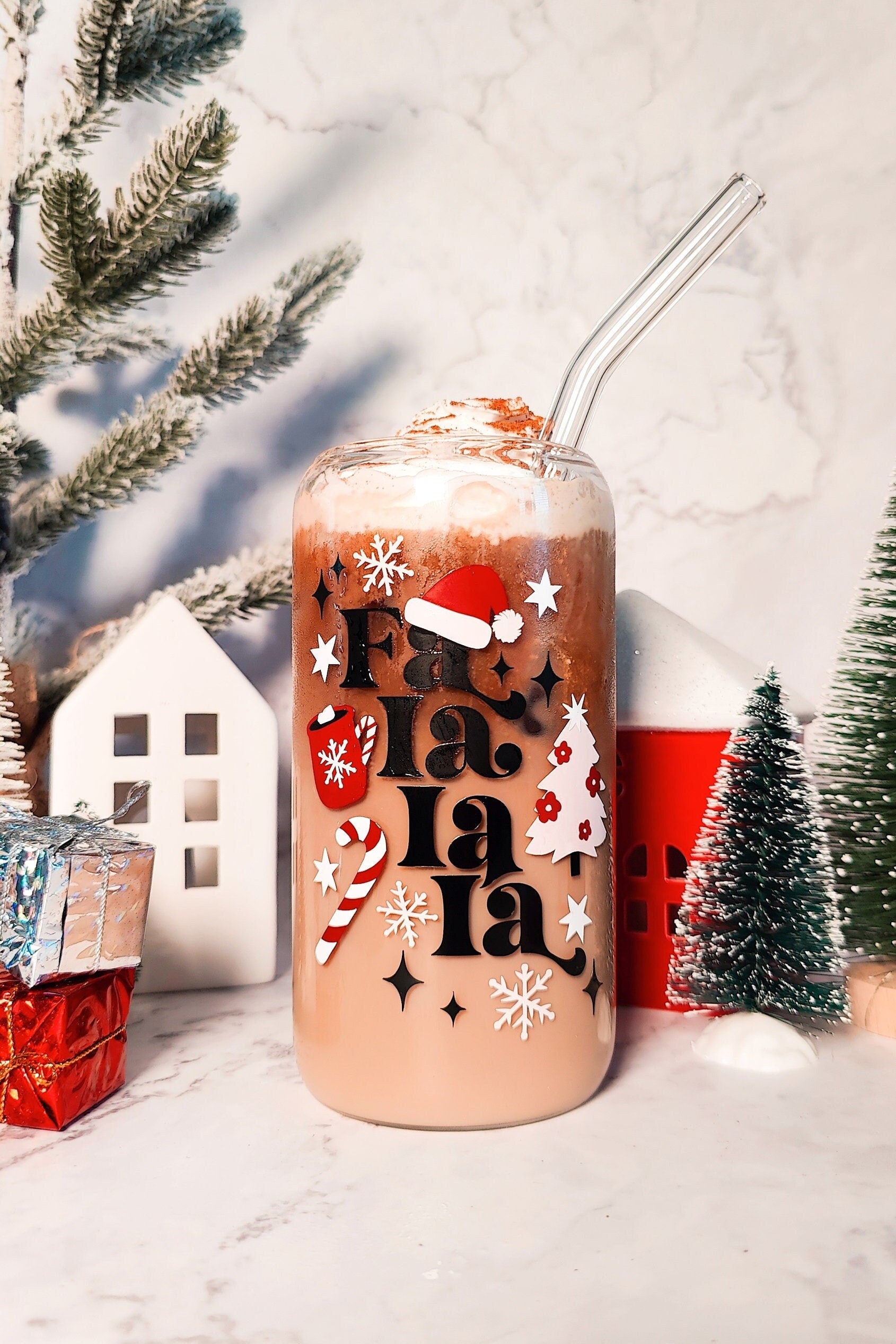 Falalala Christmas Iced Coffee Glass Cup, Festive Christmas Glass Cup with Bamboo Lid, Christmas Gift, 16oz and 20oz Holiday Libbey