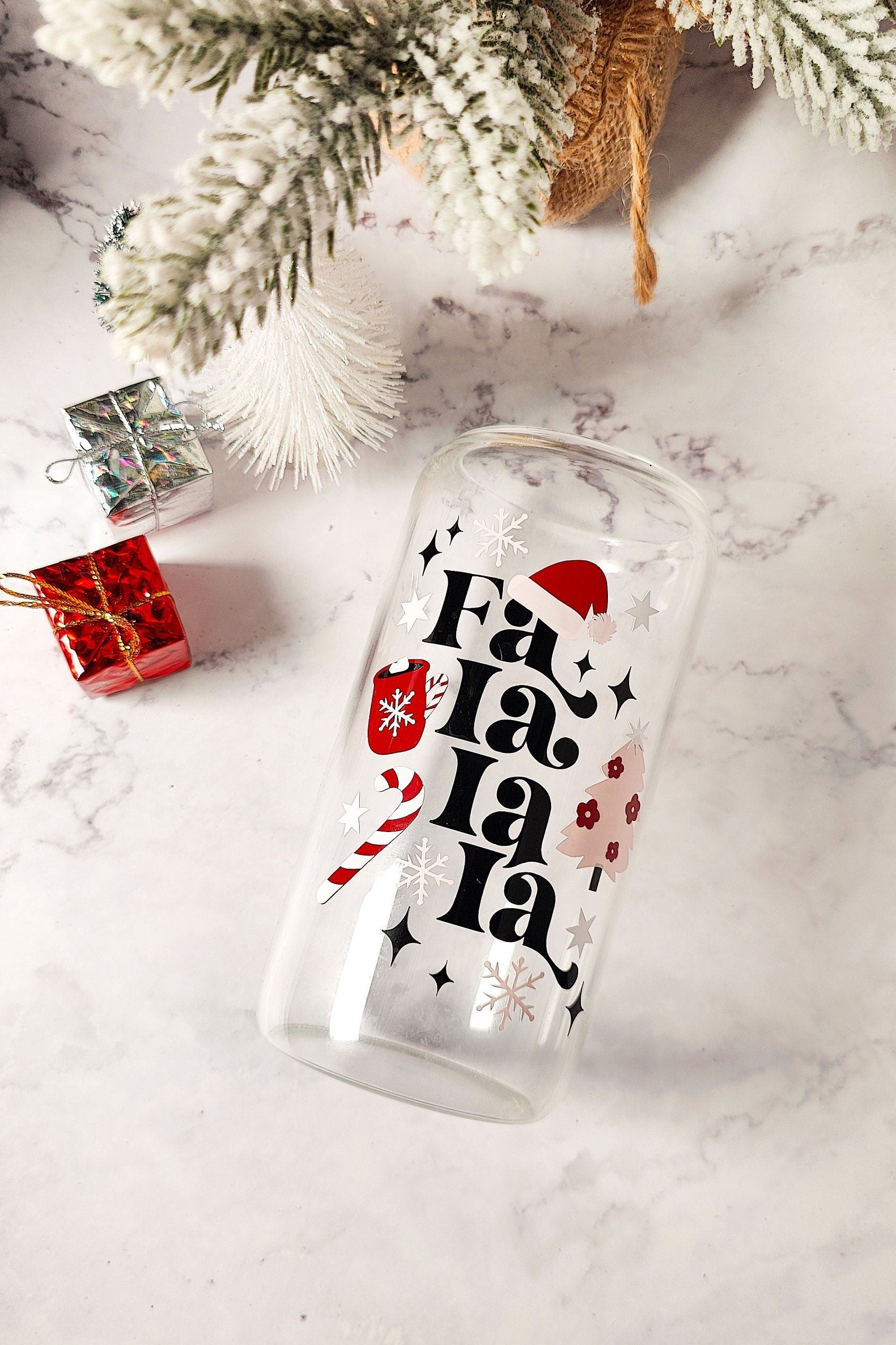 Falalala Christmas Iced Coffee Glass Cup, Festive Christmas Glass Cup with Bamboo Lid, Christmas Gift, 16oz and 20oz Holiday Libbey