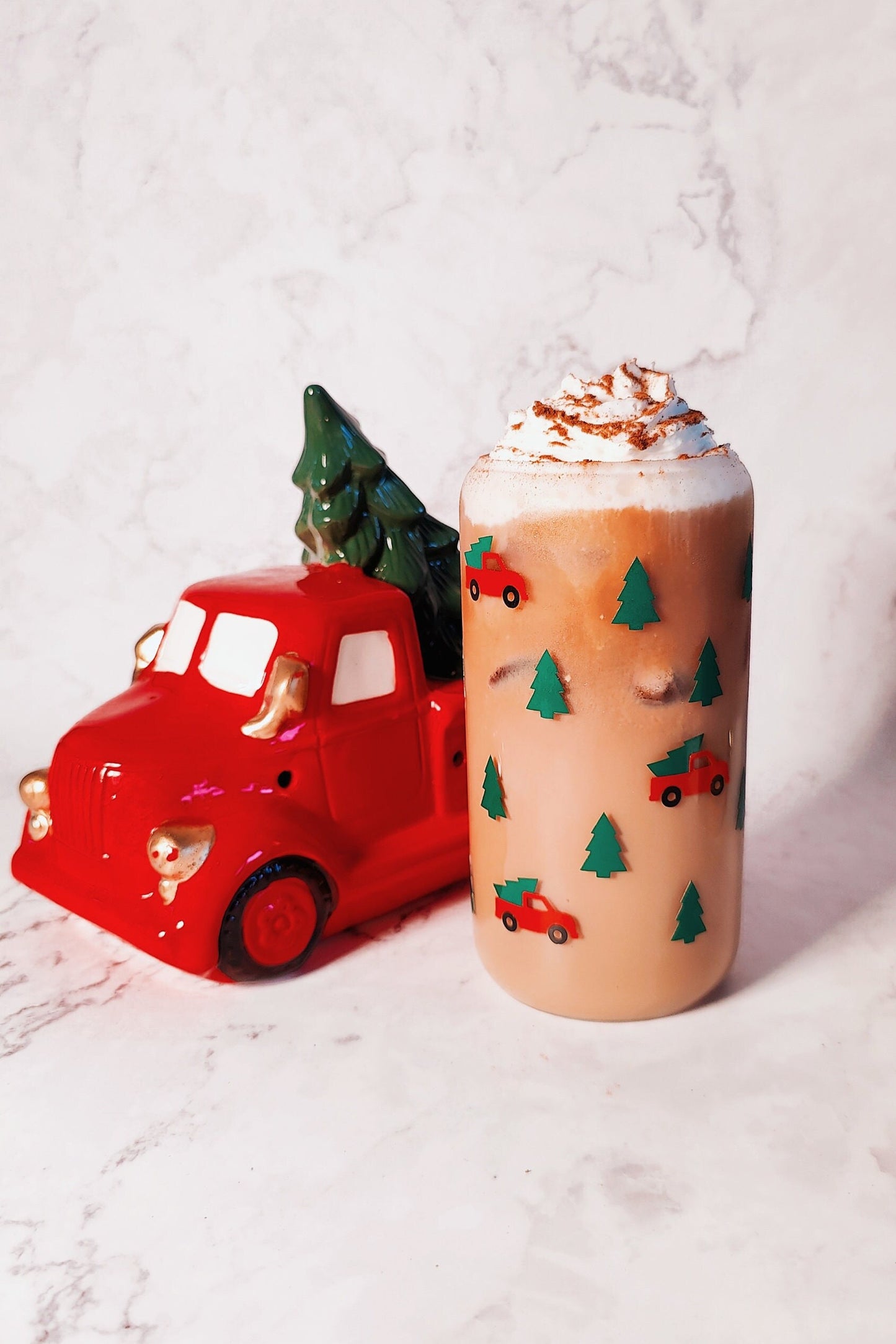Christmas Tree Trucks Iced Coffee Glass Cup, Festive Christmas Glass Cup with Bamboo Lid, Christmas Gift, 16oz and 20oz Holiday Libbey