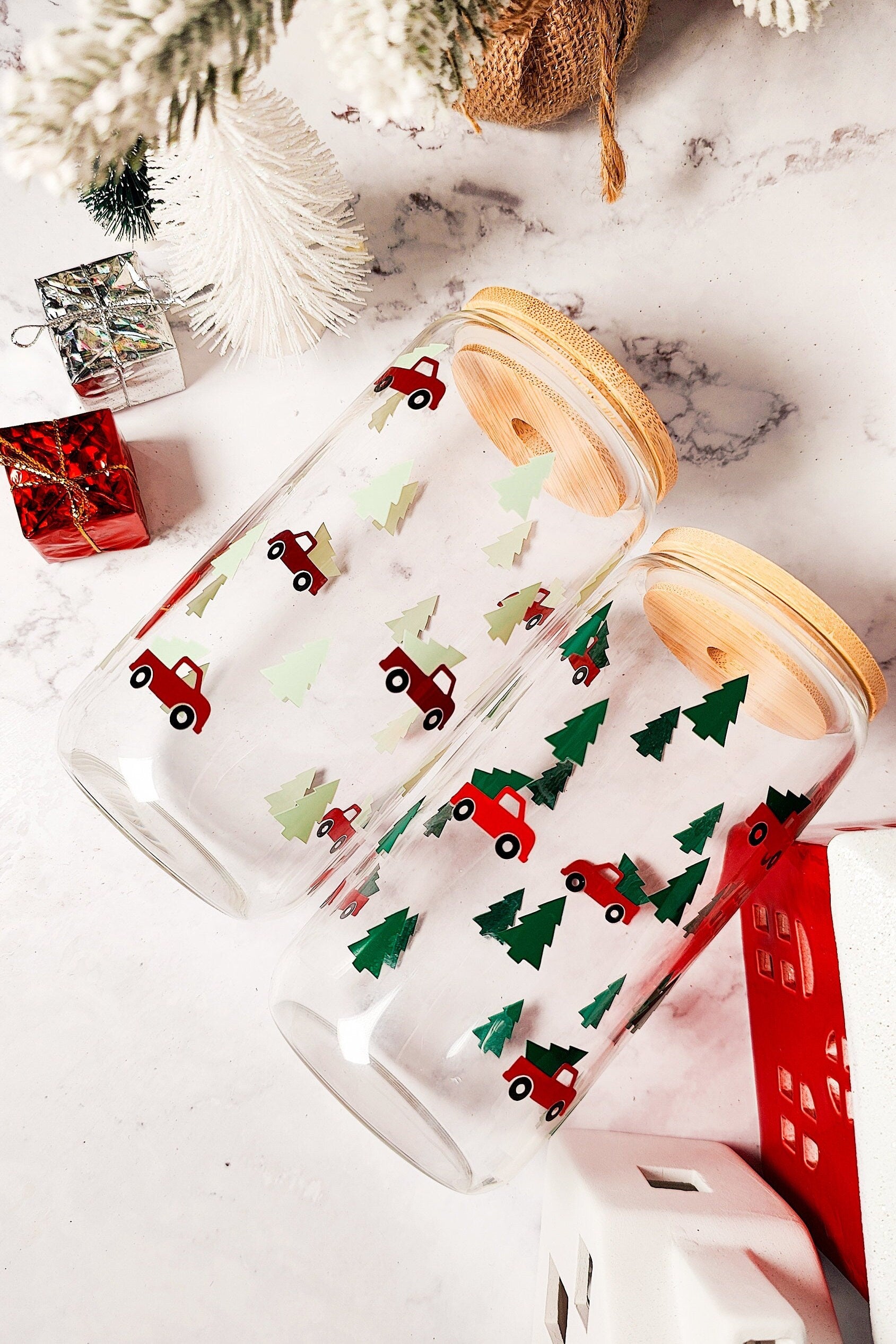 Christmas Tree Trucks Iced Coffee Glass Cup, Festive Christmas Glass Cup with Bamboo Lid, Christmas Gift, 16oz and 20oz Holiday Libbey