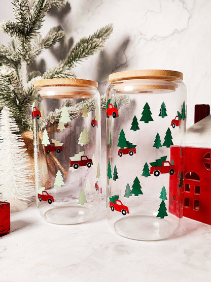 Christmas Tree Trucks Iced Coffee Glass Cup, Festive Christmas Glass Cup with Bamboo Lid, Christmas Gift, 16oz and 20oz Holiday Libbey