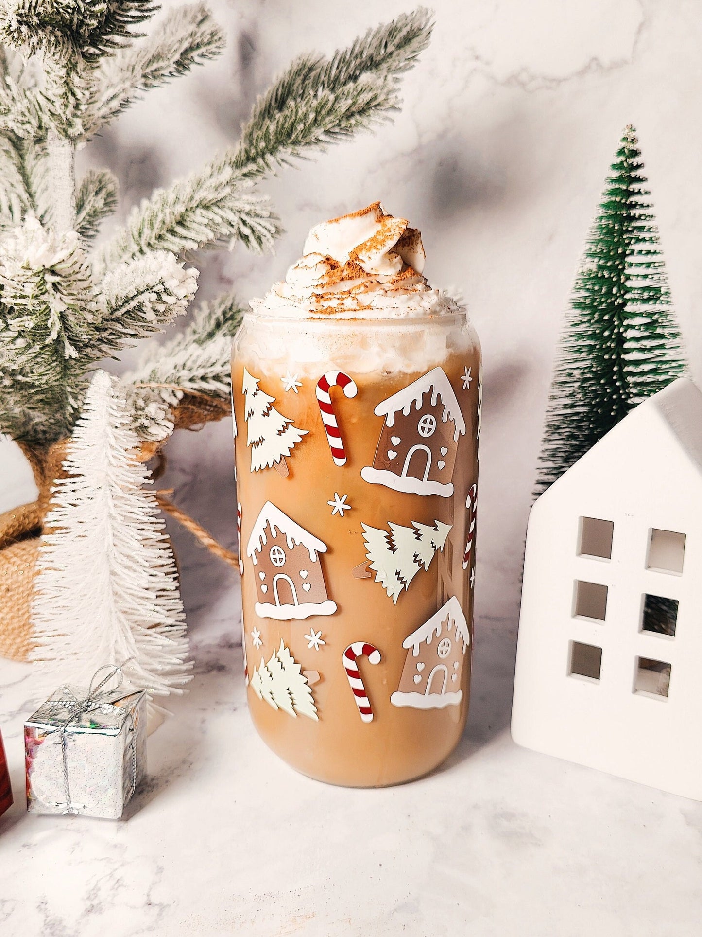 MYSTERY CHRISTMAS CUP, Iced Coffee Christmas Glass Cup with Bamboo Lid, Secret Santa Christmas Gift, 16oz and 20oz Holiday Libbey