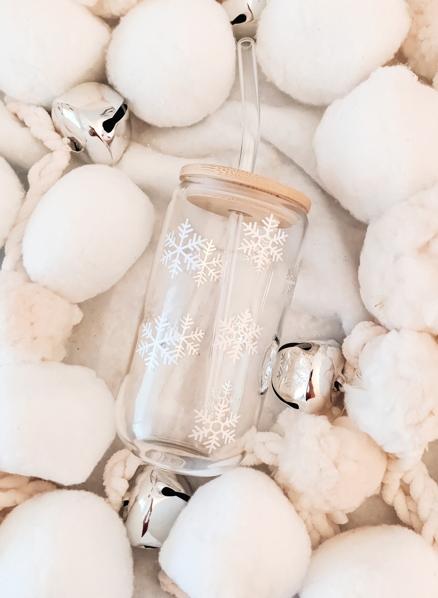 MYSTERY CHRISTMAS CUP, Iced Coffee Christmas Glass Cup with Bamboo Lid, Secret Santa Christmas Gift, 16oz and 20oz Holiday Libbey