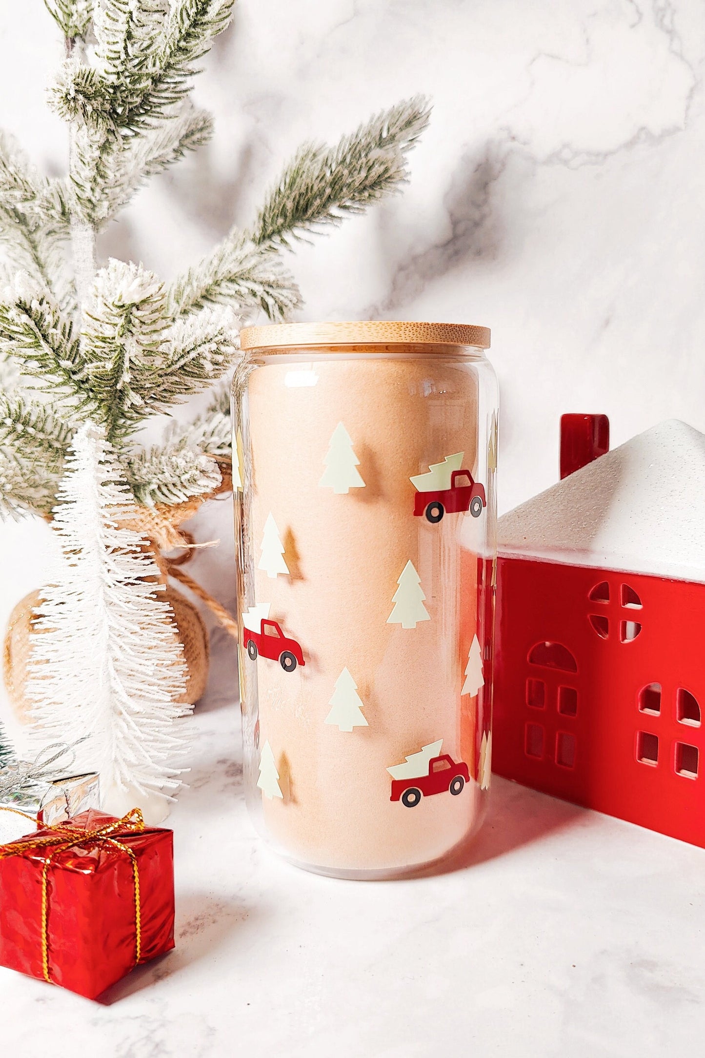 MYSTERY CHRISTMAS CUP, Iced Coffee Christmas Glass Cup with Bamboo Lid, Secret Santa Christmas Gift, 16oz and 20oz Holiday Libbey